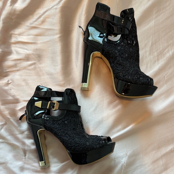 Shoes - Women's Black Lace Peep-Toe Platform Heels